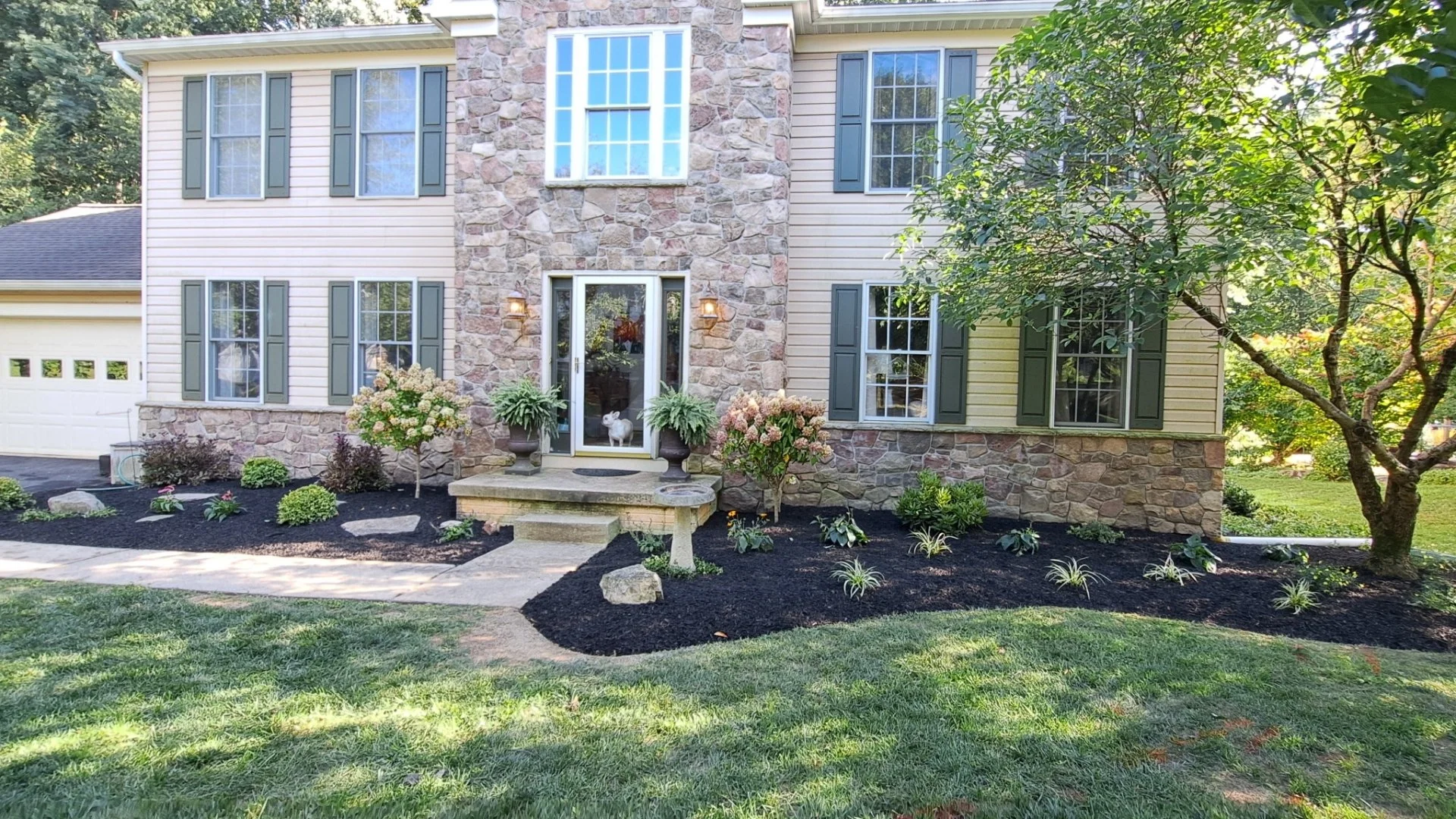 Landscaping Install in Malvern, PA Including Mulch, Shrubs & Trees & Boulders