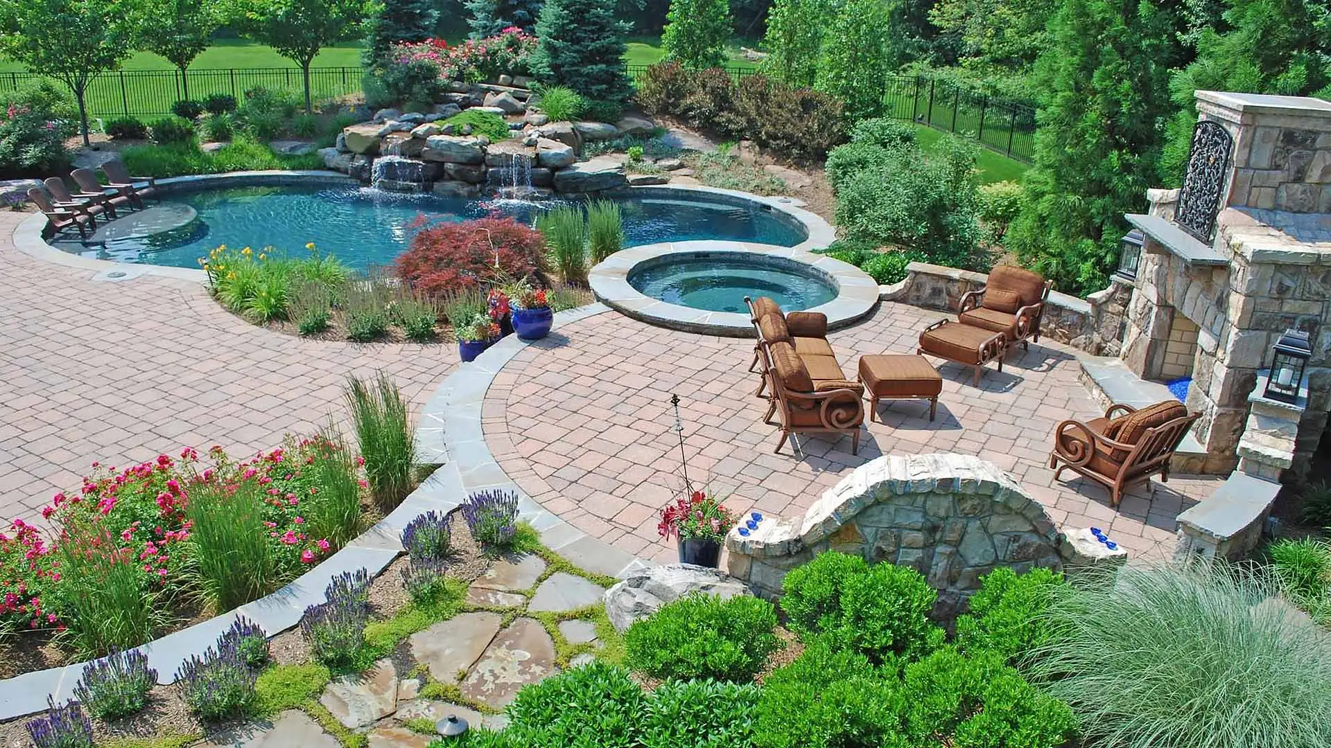 Poolside outdoor living area designed for a Chester Springs, Pennsylvania home.