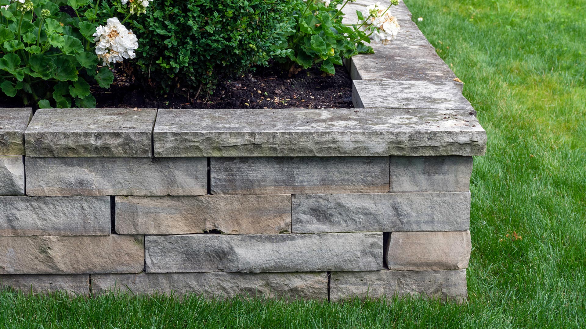 The corner of a stone retaining wall in Chester county, PA.