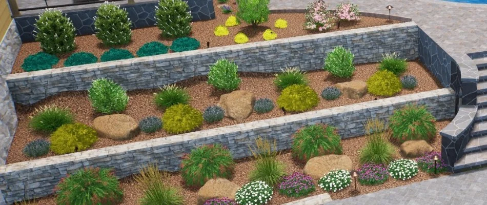 3D design rendering of staggered retaining walls with raised planter beds in West Chester, PA.
