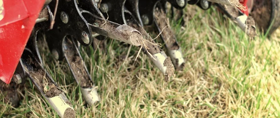 Aerator tines with soil in West Chester, PA.