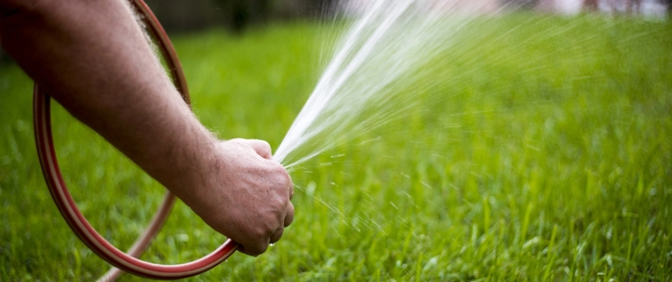 Hand watering lawn in Chester Springs, PA.