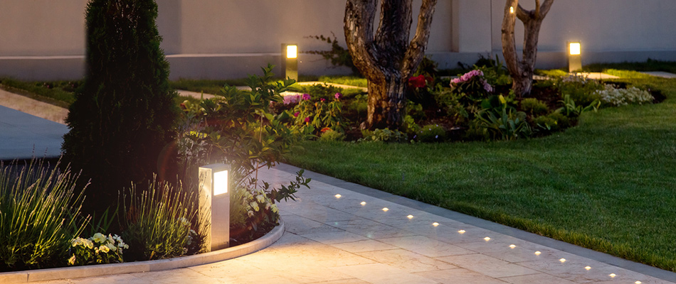 Outdoor lighting lining a pathway in Exton, PA.